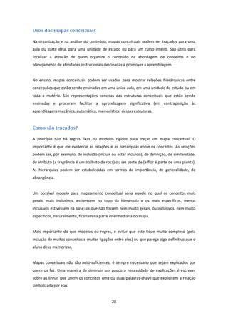 28 
 
Usos	dos	mapas	conceituais	
Na organização e na análise do conteúdo, mapas conceituais podem ser traçados para uma 
aula  ou  parte  dela,  para  uma  unidade  de  estudo  ou  para  um  curso  inteiro.  São  úteis  para 
focalizar  a  atenção  de  quem  organiza  o  conteúdo  na  abordagem  de  conceitos  e  no 
planejamento de atividades instrucionais destinadas a promover a aprendizagem. 
 
No  ensino,  mapas  conceituais  podem  ser  usados  para  mostrar  relações  hierárquicas  entre 
concepções que estão sendo ensinadas em uma única aula, em uma unidade de estudo ou em 
toda  a  matéria.  São  representações  concisas  das  estruturas  conceituais  que  estão  sendo 
ensinadas  e  procuram  facilitar  a  aprendizagem  significativa  (em  contraposição  às 
aprendizagens mecânica, automática, memorística) dessas estruturas. 
Como	são	traçados?	
A  princípio  não  há  regras  fixas  ou  modelos  rígidos  para  traçar  um  mapa  conceitual.  O 
importante é que ele evidencie as relações e as hierarquias entre os conceitos. As relações 
podem ser, por exemplo, de inclusão (incluir ou estar incluído), de definição, de similaridade, 
de atributo (a fragrância é um atributo da rosa) ou ser parte de (a flor é parte de uma planta). 
As  hierarquias  podem  ser  estabelecidas  em  termos  de  importância,  de  generalidade,  de 
abrangência. 
 
Um  possível  modelo  para  mapeamento  conceitual  seria  aquele  no  qual  os  conceitos  mais 
gerais,  mais  inclusivos,  estivessem  no  topo  da  hierarquia  e  os  mais  específicos,  menos 
inclusivos estivessem na base; os que não fossem nem muito gerais, ou inclusivos, nem muito 
específicos, naturalmente, ficariam na parte intermediária do mapa. 
 
Mais  importante  do  que  modelos  ou  regras,  é  evitar  que  este  fique  muito  complexo  (pela 
inclusão de muitos conceitos e muitas ligações entre eles) ou que pareça algo definitivo que o 
aluno deva memorizar. 
 
Mapas  conceituais  não  são  auto‐suficientes;  é  sempre  necessário  que  sejam  explicados  por 
quem  os  faz.  Uma  maneira  de  diminuir  um  pouco  a  necessidade  de  explicações  é  escrever 
sobre as linhas que unem os conceitos uma ou duas palavras‐chave que explicitem a relação 
simbolizada por elas. 
 