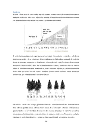 39 
 
Contexto	
Acertar a dose certa de contexto é o segredo para em uma apresentação impressionar novatos 
e experts no assunto. Para isso é importante levantar o conhecimento prévio da audiência sobre 
um determinado assunto e com isso definir a quantidade de contexto.  
 
O contexto nos ajuda a mostrar por que uma informação é importante, a entender a relevância 
de se compreender e de se estudar um determinado assunto. Após a dose adequada de contexto 
é que se começa a apresentar os detalhes e a informação mais específica de um determinada 
assunto. O contexto mostra o por que, o detalhe mostra o como. É importante, para se manter 
todos os ouvintes conectados a explanação, que o início da explanação, proporcionalmente 
tenha mais “por que ?” do que “como”. Somente quando toda a audiência estiver dentro da 
explanação, que então se comece a inverter o fluxo.  
 
De maneira a fazer uma analogia, pode‐se dizer que a etapa de contexto é o momento de se 
falar sobre as grandes ideias, sobre as macro‐ideias, de se falar sobre a floresta e não sobre as 
peculiaridades e as características de cada uma das árvores. Já na etapa do “como” é que se fala 
sobre as especificidades, sobre as características de cada uma das árvores. Ainda como analogia, 
na etapa de contexto se descreve a casa e na etapa seguinte cada um dos seus cômodos.   
 