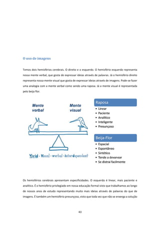 43 
 
	
	
	
	
	
O	uso	de	imagens	
 
Temos dois hemisférios cerebrais. O direito e o esquerdo. O hemisfério esquerdo representa 
nossa mente verbal, que gosta de expressar ideias através de palavras. Já o hemisfério direito 
representa nossa mente visual que gosta de expressar ideias através de imagens. Pode‐se fazer 
uma analogia com a mente verbal como sendo uma raposa. Já a mente visual é representada 
pelo beija flor.  
 
 
Os  hemisférios  cerebrais  apresentam  especificidades.  O  esquerdo  é  linear,  mais  paciente  e 
analítico. É o hemisfério privilegiado em nossa educação formal visto que trabalhamos ao longo 
de  nossos  anos  de  estudo  representando  muito  mais  ideias  através  de  palavras  do  que  de 
imagens. É também um hemisfério presunçoso, visto que toda vez que não se enxerga a solução 
 