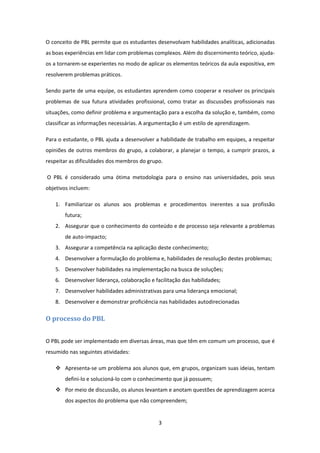 3 
 
O conceito de PBL permite que os estudantes desenvolvam habilidades analíticas, adicionadas 
as boas experiências em lidar com problemas complexos. Além do discernimento teórico, ajuda‐
os a tornarem‐se experientes no modo de aplicar os elementos teóricos da aula expositiva, em 
resolverem problemas práticos. 
Sendo parte de uma equipe, os estudantes aprendem como cooperar e resolver os principais 
problemas de sua futura  atividades profissional, como tratar as discussões profissionais nas 
situações, como definir problema e argumentação para a escolha da solução e, também, como 
classificar as informações necessárias. A argumentação é um estilo de aprendizagem. 
Para o estudante, o PBL ajuda a desenvolver a habilidade de trabalho em equipes, a respeitar 
opiniões de outros membros do grupo, a colaborar, a planejar o tempo, a cumprir prazos, a 
respeitar as dificuldades dos membros do grupo. 
 O  PBL  é  considerado  uma  ótima  metodologia  para  o  ensino  nas  universidades,  pois  seus 
objetivos incluem: 
1. Familiarizar os  alunos  aos  problemas  e  procedimentos  inerentes  a sua  profissão 
futura; 
2. Assegurar que o conhecimento do conteúdo e de processo seja relevante a problemas 
de auto‐impacto; 
3. Assegurar a competência na aplicação deste conhecimento; 
4. Desenvolver a formulação do problema e, habilidades de resolução destes problemas; 
5. Desenvolver habilidades na implementação na busca de soluções; 
6. Desenvolver liderança, colaboração e facilitação das habilidades; 
7. Desenvolver habilidades administrativas para uma liderança emocional;  
8. Desenvolver e demonstrar proficiência nas habilidades autodirecionadas 
O	processo	do	PBL	
 
O PBL pode ser implementado em diversas áreas, mas que têm em comum um processo, que é 
resumido nas seguintes atividades: 
 Apresenta‐se um problema aos alunos que, em grupos, organizam suas ideias, tentam 
defini‐lo e solucioná‐lo com o conhecimento que já possuem; 
 Por meio de discussão, os alunos levantam e anotam questões de aprendizagem acerca 
dos aspectos do problema que não compreendem; 
 