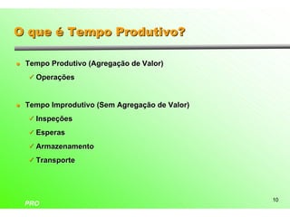 O que é Tempo Produtivo?

l   Tempo Produtivo (Agregação de Valor)
    ü Operações



l   Tempo Improdutivo (Sem Agregação de Valor)
    ü Inspeções

    ü Esperas

    ü Armazenamento

    ü Transporte




                                                 10
    PRO
 