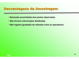 Desvantagens da Amostragem

 ü Necessita proximidade dos postos observados

 ü Não fornece informações detalhadas

 ü Não registra igualdade de métodos entre os operadores




                                                           63
 PRO
 