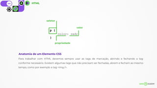 Para trabalhar com HTML devemos sempre usar as tags de marcação, abrindo e fechando a tag
conforme necessário. Existem algumas tags que não precisam ser fechadas, abrem e fecham ao mesmo
tempo, como por exemplo a tag <img />.
Anatomia de um Elemento CSS
HTML
p {
color: red;
}
seletor
valor
propriedade
 