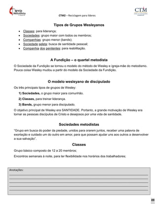 CTM2 – Reciclagem para líderes
Anotações:
__________________________________________________________________________________________
__________________________________________________________________________________________
__________________________________________________________________________________________
__________________________________________________________________________________________
__________________________________________________________________________________________
Tipos de Grupos Wesleyanos
 Classes: para liderança;
 Sociedades: grupo maior com todos os membros;
 Companhias: grupo menor (bands);
 Sociedade seleta: busca de santidade pessoal;
 Companhia dos penitentes: para reabilitação.
A Fundição – o quartel metodista
O Sociedade da Fundição se tornou o modelo do método de Wesley e igreja-mãe do metodismo.
Pouca coisa Wesley mudou a partir do modelo da Sociedade da Fundição.
O modelo wesleyano de discipulado
Os três principais tipos de grupos de Wesley:
1) Sociedades, o grupo maior para comunhão.
2) Classes, para treinar liderança.
3) Bands, grupo menor para discipulado.
O objetivo principal de Wesley era SANTIDADE. Portanto, a grande motivação de Wesley era
tornar as pessoas discípulos de Cristo e desejosos por uma vida de santidade.
Sociedades metodistas
“Grupo em busca do poder da piedade, unidos para orarem juntos, receber uma palavra de
exortação e cuidado um do outro em amor, para que possam ajudar uns aos outros a desenvolver
a sua salvação”.
Classes
Grupo básico composto de 12 a 20 membros;
Encontros semanais à noite, para ter flexibilidade nos horários dos trabalhadores;
09
 
