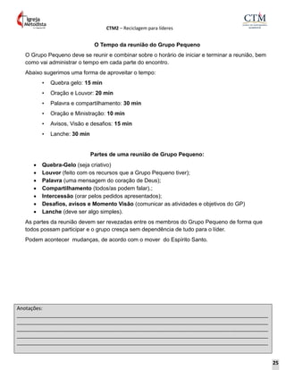 CTM2 – Reciclagem para líderes
Anotações:
__________________________________________________________________________________________
__________________________________________________________________________________________
__________________________________________________________________________________________
__________________________________________________________________________________________
__________________________________________________________________________________________
O Tempo da reunião do Grupo Pequeno
O Grupo Pequeno deve se reunir e combinar sobre o horário de iniciar e terminar a reunião, bem
como vai administrar o tempo em cada parte do encontro.
Abaixo sugerimos uma forma de aproveitar o tempo:
• Quebra gelo: 15 min
• Oração e Louvor: 20 min
• Palavra e compartilhamento: 30 min
• Oração e Ministração: 10 min
• Avisos, Visão e desafios: 15 min
• Lanche: 30 min
Partes de uma reunião de Grupo Pequeno:
 Quebra-Gelo (seja criativo)
 Louvor (feito com os recursos que a Grupo Pequeno tiver);
 Palavra (uma mensagem do coração de Deus);
 Compartilhamento (todos/as podem falar).;
 Intercessão (orar pelos pedidos apresentados);
 Desafios, avisos e Momento Visão (comunicar as atividades e objetivos do GP)
 Lanche (deve ser algo simples).
As partes da reunião devem ser revezadas entre os membros do Grupo Pequeno de forma que
todos possam participar e o grupo cresça sem dependência de tudo para o líder.
Podem acontecer mudanças, de acordo com o mover do Espírito Santo.
25
 