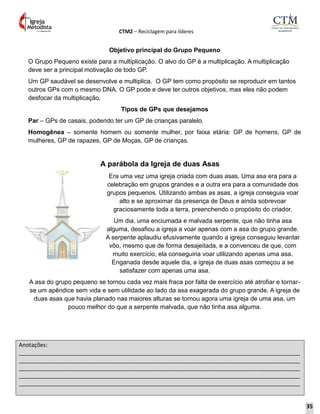 CTM2 – Reciclagem para líderes
Anotações:
__________________________________________________________________________________________
__________________________________________________________________________________________
__________________________________________________________________________________________
__________________________________________________________________________________________
__________________________________________________________________________________________
Objetivo principal do Grupo Pequeno
O Grupo Pequeno existe para a multiplicação. O alvo do GP é a multiplicação. A multiplicação
deve ser a principal motivação de todo GP.
Um GP saudável se desenvolve e multiplica. O GP tem como propósito se reproduzir em tantos
outros GPs com o mesmo DNA. O GP pode e deve ter outros objetivos, mas eles não podem
desfocar da multiplicação.
Tipos de GPs que desejamos
Par – GPs de casais, podendo ter um GP de crianças paralelo.
Homogênea – somente homem ou somente mulher, por faixa etária: GP de homens, GP de
mulheres, GP de rapazes, GP de Moças, GP de crianças.
A parábola da Igreja de duas Asas
Era uma vez uma igreja criada com duas asas. Uma asa era para a
celebração em grupos grandes e a outra era para a comunidade dos
grupos pequenos. Utilizando ambas as asas, a igreja conseguia voar
alto e se aproximar da presença de Deus e ainda sobrevoar
graciosamente toda a terra, preenchendo o propósito do criador.
Um dia, uma enciumada e malvada serpente, que não tinha asa
alguma, desafiou a igreja a voar apenas com a asa do grupo grande.
A serpente aplaudiu efusivamente quando a igreja conseguiu levantar
vôo, mesmo que de forma desajeitada, e a convenceu de que, com
muito exercício, ela conseguiria voar utilizando apenas uma asa.
Enganada desde aquele dia, a igreja de duas asas começou a se
satisfazer com apenas uma asa.
A asa do grupo pequeno se tornou cada vez mais fraca por falta de exercício até atrofiar e tornar-
se um apêndice sem vida e sem utilidade ao lado da asa exagerada do grupo grande. A igreja de
duas asas que havia planado nas maiores alturas se tornou agora uma igreja de uma asa, um
pouco melhor do que a serpente malvada, que não tinha asa alguma.
35
 