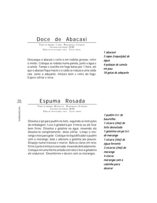 Doce de Abacaxi
                      TEMPO DE PREPARO : 1 HORA R ENDIMENTO: 3 PORÇÕES
                                 CALORIAS POR PORÇÃO: 52,00
                          G RAU DE DIFICULDADE: FÁCIL CUSTO: BAIXO
                                                                            1 abacaxi
                                                                            3 copos (requeijão) de
             Descasque o abacaxi e corte-o em rodelas grossas; retire       água
             o miolo. Coloque as rodelas numa panela, junte a água e        4 pedaços de canela
             a canela. Tampe e cozinhe em fogo baixo por 1 hora, até
                                                                            em pau
             que o abacaxi fique macio e o caldo se reduza a uma calda
             rala. Junte o adoçante, misture bem e retire do fogo.          18 gotas de adoçante
             Espere esfriar e sirva.




70                     Espuma                     Rosada
                     TEMPO DE PREPARO : 40 MINUTOS R ENDIMENTO: 6 PORÇÕES
SOBREMESAS




                                   CALORIAS POR PORÇÃO: 56,50
                          G RAU DE DIFICULDADE: FÁCIL CUSTO: MÉDIO
                                                                            1 pudim diet de
                                                                            baunilha
             Dissolva o pó para pudim no leite, seguindo as instruções
                                                                            1 xícara (chá) de
             da embalagem. Leve à geladeira por 4 horas ou até ficar
             bem firme. Dissolva a gelatina na água, mexendo até            leite desnatado
             dissolvê-la completamente; deixe esfriar. Limpe o mo-          1 gelatina em pó diet
             rango e leve para gelar. Coloque no liquidificador o pudim     de morango
             com o morango, bata e adicione a gelatina aos poucos.          1 xícara (chá) de
             Despeje numa travessa e reserve. Bata as claras em neve        água fervente
             firme e junte à mistura reservada, mexendo delicadamente.      3 xícaras (chá) de
             Coloque em uma fôrma untada com óleo e leve à geladeira
                                                                            morango
             até endurecer. Desenforme e decore com os morangos.
                                                                            4 claras
                                                                            morangos com o
                                                                            cabinho para
                                                                            decorar
 