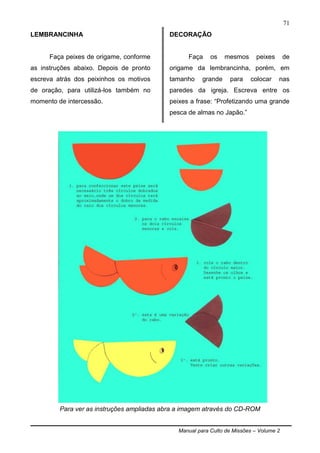 Manual para Culto de Missões – Volume 2
71
LEMBRANCINHA
Faça peixes de origame, conforme
as instruções abaixo. Depois de pronto
escreva atrás dos peixinhos os motivos
de oração, para utilizá-los também no
momento de intercessão.
DECORAÇÃO
Faça os mesmos peixes de
origame da lembrancinha, porém, em
tamanho grande para colocar nas
paredes da igreja. Escreva entre os
peixes a frase: “Profetizando uma grande
pesca de almas no Japão.”
Para ver as instruções ampliadas abra a imagem através do CD-ROM
 