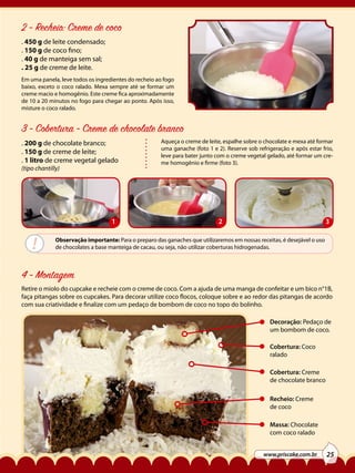 2 - Recheio: Creme de coco
. 450 g de leite condensado;
. 150 g de coco fino;
. 40 g de manteiga sem sal;
. 25 g de creme de leite.
Em uma panela, leve todos os ingredientes do recheio ao fogo
baixo, exceto o coco ralado. Mexa sempre até se formar um
creme macio e homogênio. Este creme fica aproximadamente
de 10 a 20 minutos no fogo para chegar ao ponto. Após isso,
misture o coco ralado.

3 - Cobertura - Creme de chocolate branco
. 200 g de chocolate branco;
. 150 g de creme de leite;
. 1 litro de creme vegetal gelado
(tipo chantilly)

1

!

Aqueça o creme de leite, espalhe sobre o chocolate e mexa até formar
uma ganache (foto 1 e 2). Reserve sob refrigeração e após estar frio,
leve para bater junto com o creme vegetal gelado, até formar um creme homogênio e firme (foto 3).

2

3

Observação importante: Para o preparo das ganaches que utilizaremos em nossas receitas, é desejável o uso
de chocolates a base manteiga de cacau, ou seja, não utilizar coberturas hidrogenadas.

4 - Montagem
Retire o miolo do cupcake e recheie com o creme de coco. Com a ajuda de uma manga de confeitar e um bico n°1B,
faça pitangas sobre os cupcakes. Para decorar utilize coco flocos, coloque sobre e ao redor das pitangas de acordo
com sua criatividade e finalize com um pedaço de bombom de coco no topo do bolinho.
Decoração: Pedaço de
um bombom de coco.
Cobertura: Coco
ralado
Cobertura: Creme
de chocolate branco
Recheio: Creme
de coco
Massa: Chocolate
com coco ralado
www.priscake.com.br

25

 