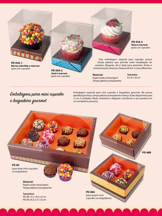 PD 45A-3

Rosa e marrom
(para um cupcake)

PD 45A-1

Barras coloridas e marrom
(para um cupcake)

PD 45A-2

Azul e marrom
(para um cupcake)

Embalagens para mini cupcake
e brigadeiro gourmet

Esta embalagem especial para cupcake, possui
tampa plástica que permite total visualização do
produto. Elegante, ela é ideal para presentes, festas e
comemorações diversas. Disponível em 3 cores diferentes.

Material:

Papel cartão extravirgem
Tampa plástica transparente

Tamanho:
9 x 9 x 10 cm

Embalagem especial para mini cupcake e brigadeiro gourmet. Ela possui
plastificação fosca, tampa plástica transparente e berço. Estão disponíveis para
12 ou 4 unidades. Muito resistente e elegante, transforma o seu produto em
um verdadeiro presente.

PD 48B

PD 49
(para doze mini cupcakes
ou brigadeiros)

Material:

Papel cartão extravirgem
Tampa plástica transparente
Tamanhos:
PD 48: 14 x 14,5 x 6 cm
PD 49: 25,5 x 21 x 6 cm

PD 48A
(para quatro mini
cupcakes ou brigadeiros)

 