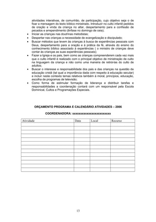 atividades interativas, de comunhão, de participação, cujo objetivo seja o de
fixar a mensagem do texto bíblico ministrado. Introduzir no culto infantil pedidos
de oração e vinda da criança no altar, despertamento para a confissão de
pecados e arrependimento (ênfase no domingo de ceia);
• Iniciar as crianças nas doutrinas metodistas;
• Despertar nas crianças a necessidade de evangelização e discipulado;
• Buscar métodos que levem às crianças à busca de experiências pessoais com
Deus, despertamento para a oração e à prática da fé, através do ensino do
conhecimento bíblico associado à experiências ( o ministro de crianças deve
contar às crianças as suas experiências pessoais);
• Fazer a Igreja e os pais, bem como as crianças compreenderem cada vez mais
que o culto infantil é realizado com o principal objetivo de ministração de culto
na linguagem da criança e não como uma maneira de retirá-las do culto de
adultos;
• Buscar o interesse e responsabilidade dos pais e das crianças na questão da
educação cristã (tal qual a importância dada com respeito à educação secular)
e incluir neste contexto temas relativos também à moral, princípios, educação,
escolha de programas de televisão;
• Como forma de estimular formação de liderança e distribuir tarefas e
responsabilidades a coordenação contará com um responsável pela Escola
Dominical, Cultos e Programações Especiais.
ORÇAMENTO PROGRAMA E CALENDÁRIO ATIVIDADES – 2006
COORDENADORA: xxxxxxxxxxxxxxxxxxxxxxxx
Atividade Data Local Recurso
13
 