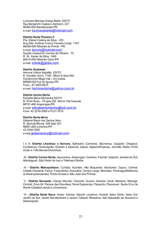 Lucimara Mendes Araújo Bahls ED/TC
Rua Benjamim Caetano Zambom, 221
86360-000 Bandeirantes-PR
e-mail: lucimarabahls@hotmail.com
Distrito Norte Pioneiro II
Pra. Elaine Cristina da Silva – ED
Rua Dês. Antônio Franco Ferreira Costa, 1187
86490-000 Ribeirão do Pinhal - PR
e-mail: lancris@hotmail.com
Suzete Varaschim Correia de Oliveira TC
R. Dr. Xavier da Silva, 1060
86410-000 Ribeirão Claro-PR
e-mail: zolrak@globo.com
Distrito Sudoeste
Herinne Vitória Argüëllo ED/TC
R. Osvaldo Goch, 1190 - Bloco 8 Apto 843
Condomínio Mega Vila - Jd Lindóia
85856-630 Foz do Iguaçu-PR
Fone - 45 3025-6815
e-mail: herinnevitoria@yahoo.com.br
Distrito Centro-Norte
Ednalda Maria Montanha ED/TC
R. Pinto Roxo - 75 apto 202 Bairro Vila Cascata
86701-460 Arapongas-PR
e-mail: ednaldamontanha@bol.com.br
Fone: 43 3276-3069 e 9121-7015
Distrito Norte-Novo
Gislaine Bispo dos Santos Nery
R. Samuel Moura, 328 Apto 201
86061-060 Londrina-PR
43 3348-7650
e-mail gislainenery@hotmail.com
I e II- Distrito Litorâneo e Serrano: Balneário Camboriú; Blumenau; Caçador; Chapecó;
Curitibanos; Florianópolis: Estreito e Itacorubi; Itapoá; Itapema/Piçarras; Joinville; Mafra; Porto
União e Três Barras/Canoinhas.
III - Distrito Centro-Norte: Apucarana; Arapongas; Cambira; Faxinal; Ivaiporã; Jandaia do Sul;
Mandaguari; São Pedro do Ivaí e Telêmaco Borba.
IV - Distrito Metropolitano: Curitiba: Acordes, Alto Boqueirão, Bacacheri, Cajuru, Central,
Cidade Industrial, Fanny, Fazendinha; Araucária; Campo Largo; Morretes; Paranaguá/Matinhos
(e litoral paranaense); Ponta Grossa e São José dos Pinhais.
V - Distrito Noroeste: Campo Mourão; Cianorte; Guaíra; Goioere; Iporã; Marialva; Maringá:
Central, Zona 04, Parque das Grevíleas; Nova Esperança; Paiçandu; Paranavaí; Santa Cruz de
Monte Castelo/Loanda e Umuarama.
VI - Distrito Norte Novo: Assaí; Cambe; Ibiporã; Londrina: Central; Setor Norte, Setor Sul,
Jardim do Sol, Jardim Bandeirantes e Jardim Cafezal; Miraselva; São Sebastião da Amoreira e
Sertanópolis.
23
 
