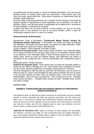 As padrões para sermos aceitos no mundo é bastante eliminatório e faz com que as
pessoas sofram um ataque direto sobre sua auto-estima. Todos devem usar uma
marca de roupa, senão estão fora. Todos devem freqüentar um determinado local de
diversão, senão estão fora.
No meio cristão, devemos permanecer com o cuidado de não incentivar a produção de
pessoas egoístas e egocêntricas e ainda orgulhosas, que se glorificam, as invés de
glorificar a Deus, mas não diminuindo a necessidade de se desenvolver o sentimento
de auto-aceitação, o sentimento de se gostar.
A palavra de Deus nos diz para amarmos o nosso próximo (no que se dá muita
ênfase) como a nós mesmos (no que se dá pouca ênfase), porém a base de
comparação usada por Deus, é o amor a si mesmo.
Desenvolvimento da Ministração:
Aquecimento: Fazer a Brincadeira “Conhecendo Melhor Nossos Amigos Ou
Percebendo Nossas Diferenças”. A Brincadeira vai mostrar que todas as pessoas
são diferentes. Ora gostam de coisas iguais, ora gostam de coisas diferentes. Todos
vão perceber que o grupo vai mudar a cada pergunta.
Contar a história “ Você é Especial” (livro Max Lucado)
Dinâmica 01 (primeira parte): Cada criança deverá carimbar a sua impressão digital
em um papel e analisá-la com uma lupa. Após, cada um vai classificar o tipo de classe
a que pertence a sua impressão digital e serão formados grupos de acordo com a
classe. Após, dentro do grupo de mesmas classes, será observado que mesmo a
impressão do seu colega que tem a mesma classificação não é exatamente igual à
sua.
Ministração sobre o Profeta Jeremias
Dinâmica 02 (segunda parte): Todos devem colar sua folha de impressão digital no
cartaz que diz: Senhor: Obrigado por mim. Todos devem fazer anotações nas partes
uns dos outros, deixando recadinhos com elogios e frases de amor e incentivo.
Terminar entregando a folha de cada um para levar de lembrança o que foi escrito na
folha de cada um, e fazer uma brincadeira de fazer parte do exército dos que se amam
e dos que são amados por Deus: Deus me planejou assim....Ele me fez com Suas
Próprias Mãos,,,,Deus me ama e sou Especial....Tem um plano só pra mim....Obrigado
Deus, porque sou assim..... Obrigado Deus, porque sou assim Obrigado Deus, porque
sou assim e oração.
Lanche e Lazer
DINÂMICA: CONHECENDO MELHOR NOSSOS AMIGOS OU PERCEBENDO
NOSSAS DIFERENÇAS
Esta dinâmica pode ser aplicada em alguns momentos de ministração como por exemplo
quando se estiver ensinando que todos são especiais para Deus, que Ele morreu por
todos, que as vezes não nos conhece-mos intimamente embora convivamos na mesma
igreja ou que ora nos temos algumas coisas em comum com outras pessoas e oras não,
que cada um é único, que não tem ninguém igual ao outro, que podemos conviver,
sermos irmãos e amigos mesmo sendo diferentes, etc.
Aplicação da brincadeira (01): separe as crianças em duas equipes, por quantidade,
por meninas e meninos, por idade, etc. Dê as perguntas para uma equipe responder o
que a outra equipe responderia. Depois traga as equipe e revele as respostas. Vencerá a
equipe que demonstrar que conhece mais as pessoas.
29
 