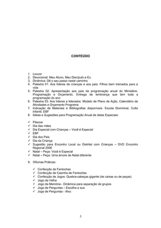 CONTEÚDO
1. Louvor
2. Devocional: Meu Aluno, Meu Discípulo e Eu
3. Dinâmica: Dê o seu passo neste caminho
4. Palestra 01: Aos líderes de crianças e aos pais: Filhos bem treinados para a
vida
5. Palestra 02: Apresentação aos pais da programação anual do Ministério.
Programação e Orçamento. Entrega de lembrança que tem toda a
programação do ano
6. Palestra 03: Aos líderes e liderados: Modelo de Plano de Ação, Calendário de
Atividades e Orçamento Programa
7. Indicação de Materiais e Bibliografias disponíveis: Escola Dominical, Culto
Infantil, EBF
8. Idéias e Sugestões para Programação Anual de datas Especiais:
 Páscoa
 Dia das mães
 Dia Especial com Crianças – Você é Especial
 EBF
 Dia dos Pais
 Dia da Criança
 Sugestão para Encontro Local ou Distrital com Crianças – DVD Encontro
Regional 2006
 Natal – Peça: Você é Especial
 Natal – Peça: Uma árvore de Natal diferente
9. Oficinas Práticas:
 Confecção de Fantoches
 Confecção de Casinha de Fantoches
 Confecção de Jogos: Quebra-cabeças gigante (de caixas ou de peças)
 Jogo da Velha
 Jogo da Memória - Dinâmica para separação de grupos
 Jogo de Perguntas – Escolha a sua
 Jogo de Perguntas - Alvo
5
 