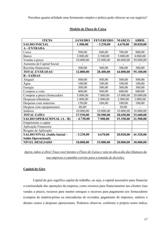17
Percebeu quanta utilidade uma ferramenta simples e prática pode oferecer ao seu negócio?
Modelo de Fluxo de Caixa
ITENS JANEIRO FEVEREIRO MARÇO ABRIL
SALDO INICIAL 1.500,00 - 3.230,00 4.670,00 20.020,00
A - ENTRADA
Caixa 500,00 600,00 700,00 800,00
Banco 2.000,00 2.500,00 3.000,00 4.000,00
Vendas a prazo 10.000,00 25.000,00 40.000,00 50.000,00
Aumento de Capital Social - - - -
Receitas financeiras 300,00 300,00 300,00 300,00
TOTAL ENTRADAS: 12.800,00 28.400,00 44.000,00 55.100,00
B - SAÍDAS
Aluguel 500,00 500,00 500,00 500,00
Água 100,00 100,00 100,00 100,00
Energia 300,00 300,00 300,00 300,00
Compras a vista 400,00 500,00 600,00 600,00
Compras a prazo (fornecedor) 5.000,00 7.000,00 15.000,00 20.000,00
Despesas tributárias 1.000,00 2.000,00 2.000,00 2.000,00
Despesas com materiais 150,00 100,00 100,00 100,00
Despesa com equipamentos 80,00 - 50,00 -
Salários 10.000,00 10.000,00 10.000,00 10.000,00
TOTAL SAÍDA 17.530,00 20.500,00 28.650,00 33.600,00
SALDO OPERACIONAL (A - B) - 4.730,00 7.900,00 15.350,00 21.500,00
Empréstimo a captar
Aplicação Financeira
Resgate de Aplicação
SALDO FINAL (Saldo Inicial –
Saldo Operacional)
- 3.230,00 4.670,00 20.020,00 41.520,00
NÍVEL DESEJADO 10.000,00 15.000,00 20.000,00 30.000,00
Agora, mãos à obra! Faça você mesmo o Fluxo de Caixa e veja no dia-a-dia das finanças da
sua empresa o caminho correto para a tomada de decisões.
Capital de Giro
Capital de giro significa capital de trabalho, ou seja, o capital necessário para financiar
a continuidade das operações da empresa, como recursos para financiamento aos clientes (nas
vendas a prazo), recursos para manter estoques e recursos para pagamento aos fornecedores
(compras de matéria-prima ou mercadorias de revenda), pagamento de impostos, salários e
demais custos e despesas operacionais. Podemos observar, conforme o próprio nome indica,
 