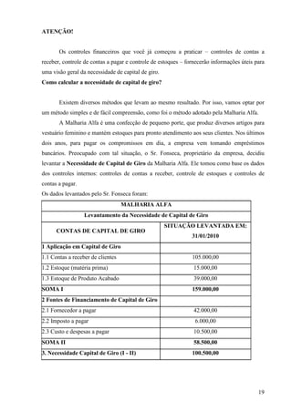 19
ATENÇÃO!
Os controles financeiros que você já começou a praticar – controles de contas a
receber, controle de contas a pagar e controle de estoques – fornecerão informações úteis para
uma visão geral da necessidade de capital de giro.
Como calcular a necessidade de capital de giro?
Existem diversos métodos que levam ao mesmo resultado. Por isso, vamos optar por
um método simples e de fácil compreensão, como foi o método adotado pela Malharia Alfa.
A Malharia Alfa é uma confecção de pequeno porte, que produz diversos artigos para
vestuário feminino e mantém estoques para pronto atendimento aos seus clientes. Nos últimos
dois anos, para pagar os compromissos em dia, a empresa vem tomando empréstimos
bancários. Preocupado com tal situação, o Sr. Fonseca, proprietário da empresa, decidiu
levantar a Necessidade de Capital de Giro da Malharia Alfa. Ele tomou como base os dados
dos controles internos: controles de contas a receber, controle de estoques e controles de
contas a pagar.
Os dados levantados pelo Sr. Fonseca foram:
MALHARIA ALFA
Levantamento da Necessidade de Capital de Giro
CONTAS DE CAPITAL DE GIRO
SITUAÇÃO LEVANTADA EM:
31/01/2010
1 Aplicação em Capital de Giro
1.1 Contas a receber de clientes 105.000,00
1.2 Estoque (matéria prima) 15.000,00
1.3 Estoque de Produto Acabado 39.000,00
SOMA I 159.000,00
2 Fontes de Financiamento de Capital de Giro
2.1 Fornecedor a pagar 42.000,00
2.2 Imposto a pagar 6.000,00
2.3 Custo e despesas a pagar 10.500,00
SOMA II 58.500,00
3. Necessidade Capital de Giro (I - II) 100.500,00
 
