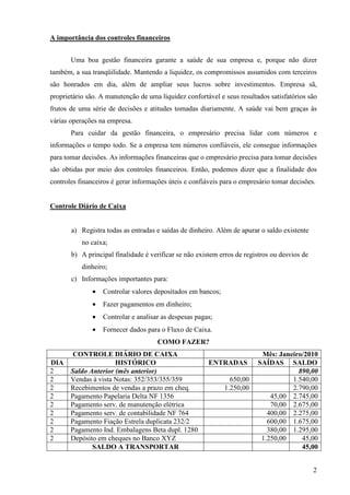 2
A importância dos controles financeiros
Uma boa gestão financeira garante a saúde de sua empresa e, porque não dizer
também, a sua tranqüilidade. Mantendo a liquidez, os compromissos assumidos com terceiros
são honrados em dia, além de ampliar seus lucros sobre investimentos. Empresa sã,
proprietário são. A manutenção de uma liquidez confortável e seus resultados satisfatórios são
frutos de uma série de decisões e atitudes tomadas diariamente. A saúde vai bem graças às
várias operações na empresa.
Para cuidar da gestão financeira, o empresário precisa lidar com números e
informações o tempo todo. Se a empresa tem números confiáveis, ele consegue informações
para tomar decisões. As informações financeiras que o empresário precisa para tomar decisões
são obtidas por meio dos controles financeiros. Então, podemos dizer que a finalidade dos
controles financeiros é gerar informações úteis e confiáveis para o empresário tomar decisões.
Controle Diário de Caixa
a) Registra todas as entradas e saídas de dinheiro. Além de apurar o saldo existente
no caixa;
b) A principal finalidade é verificar se não existem erros de registros ou desvios de
dinheiro;
c) Informações importantes para:
• Controlar valores depositados em bancos;
• Fazer pagamentos em dinheiro;
• Controlar e analisar as despesas pagas;
• Fornecer dados para o Fluxo de Caixa.
COMO FAZER?
CONTROLE DIÁRIO DE CAIXA Mês: Janeiro/2010
DIA HISTÓRICO ENTRADAS SAÍDAS SALDO
2 Saldo Anterior (mês anterior) 890,00
2 Vendas à vista Notas: 352/353/355/359 650,00 1.540,00
2 Recebimentos de vendas a prazo em cheq. 1.250,00 2.790,00
2 Pagamento Papelaria Delta NF 1356 45,00 2.745,00
2 Pagamento serv. de manutenção elétrica 70,00 2.675,00
2 Pagamento serv. de contabilidade NF 764 400,00 2.275,00
2 Pagamento Fiação Estrela duplicata 232/2 600,00 1.675,00
2 Pagamento Ind. Embalagens Beta dupl. 1280 380,00 1.295,00
2 Depósito em cheques no Banco XYZ 1.250,00 45,00
SALDO A TRANSPORTAR 45,00
 