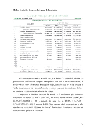 24
Modelo de planilha de Apuração Mensal de Resultados
Após apurar os resultados da Malharia Alfa, o Sr. Fonseca ficou bastante otimista. Em
primeiro lugar, verificou que a empresa está operando com lucro e, no seu entendimento, os
lucros obtidos foram satisfatórios. Em segundo lugar, constatou que nos meses em que as
vendas aumentaram, o lucro cresceu bastante, ou seja, o percentual de crescimento do lucro
foi maior que o percentual de crescimento das vendas.
Comparando as vendas e os lucros dos meses 2 e 3, verificamos que, enquanto o
crescimento das vendas do mês 3 foi de 25%, em relação ao mês anterior [(75.000,00 –
60.000,00)/60.000,00] x 100, o aumento do lucro foi de 101,4% [(17.678,00 –
8.778,00)/8.778,00] x 100. O aumento de 101,4% no lucro do mês 3 ocorreu porque o valor
das despesas operacionais (despesas do item 6), basicamente, permaneceu constante nos
quatro meses da apuração de resultados.
 