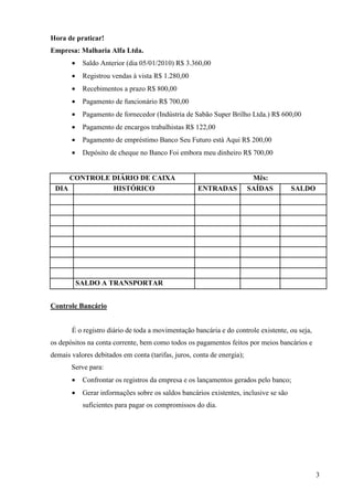 3
Hora de praticar!
Empresa: Malharia Alfa Ltda.
• Saldo Anterior (dia 05/01/2010) R$ 3.360,00
• Registrou vendas à vista R$ 1.280,00
• Recebimentos a prazo R$ 800,00
• Pagamento de funcionário R$ 700,00
• Pagamento de fornecedor (Indústria de Sabão Super Brilho Ltda.) R$ 600,00
• Pagamento de encargos trabalhistas R$ 122,00
• Pagamento de empréstimo Banco Seu Futuro está Aqui R$ 200,00
• Depósito de cheque no Banco Foi embora meu dinheiro R$ 700,00
CONTROLE DIÁRIO DE CAIXA Mês:
DIA HISTÓRICO ENTRADAS SAÍDAS SALDO
SALDO A TRANSPORTAR
Controle Bancário
É o registro diário de toda a movimentação bancária e do controle existente, ou seja,
os depósitos na conta corrente, bem como todos os pagamentos feitos por meios bancários e
demais valores debitados em conta (tarifas, juros, conta de energia);
Serve para:
• Confrontar os registros da empresa e os lançamentos gerados pelo banco;
• Gerar informações sobre os saldos bancários existentes, inclusive se são
suficientes para pagar os compromissos do dia.
 