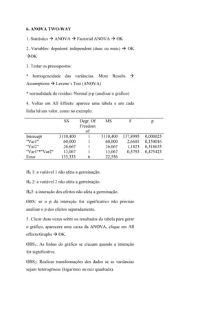 6. ANOVA TWO-WAY
1. Stattistics ANOVA Factorial ANOVA OK
2. Variables: depedent/ independent (duas ou mais) OK
OK
3. Testar os pressupostos:
* homogeneidade das variâncias: More Results
Assumptions Levene´s Test (ANOVA)
* normalidade do resíduo: Normal p-p (analisar o gráfico)
4. Voltar em All Effects: aparece uma tabela e em cada
linha há um valor, como no exemplo:
SS Degr. Of
Freedom
of
MS F p
Intercept 3110,400 1 3110,400 137,8995 0,000023
"Var1" 60,000 1 60,000 2,6601 0,154016
"Var2" 26,667 1 26,667 1,1823 0,318633
"Var1"*"Var2" 13,067 1 13,067 0,5793 0,475423
Error 135,333 6 22,556
H0 1: a variável 1 não afeta a germinação.
H0 2: a variável 2 não afeta a germinação.
H03: a interação dos efeitos não afeta a germinação.
OBS: se o p da interação for significativo não precisar
analisar o p dos efeitos separadamente.
5. Clicar duas vezes sobre os resultados da tabela para gerar
o gráfico, aparecera uma caixa da ANOVA, clique em All
effects/Graphs OK.
OBS1: As linhas do gráfico se cruzam quando a interação
for significativa.
OBS2: Realizar transformações dos dados se as variâncias
sejam heterogêneas (logaritmo ou raiz quadrada).
 
