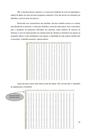 39
Obs: a presença desses caracteres é a causa mais freqüente de erros de importação e
análise de dados nos mais diversos programas estatísticos. Eles não devem ser utilizados nas
planilhas e nem em nome de arquivos.
Removidas tais características das planilhas, devemos também remover as colunas
que identificam as amostras e a linha que identifica o nome de cada espécie. Isso é necessário,
pois o programa irá aleatorizar indivíduos nas amostras, numa tentativa de remover ou
diminuir o vício de coleta presente nas mesmas antes de calcular as estimativas de riqueza ou
quaisquer índices. Como trabalhamos com riqueza, a identidade de cada espécie também não
é necessária. A planilha assumirá o aspecto abaixo:
Agora devemos inserir duas linhas acima dos dados. Elas servirão para o cabeçalho
de legenda para o EstimateS:
Insira duas linhas
acima dos dados.
Insira duas linhas
acima dos dados.
 