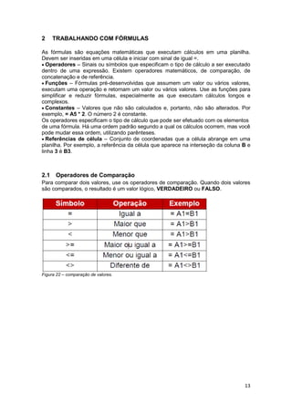 13 
2 TRABALHANDO COM FÓRMULAS 
As fórmulas são equações matemáticas que executam cálculos em uma planilha. Devem ser inseridas em uma célula e iniciar com sinal de igual =. Operadores – Sinais ou símbolos que especificam o tipo de cálculo a ser executado dentro de uma expressão. Existem operadores matemáticos, de comparação, de concatenação e de referência. Funções – Fórmulas pré-desenvolvidas que assumem um valor ou vários valores, executam uma operação e retornam um valor ou vários valores. Use as funções para simplificar e reduzir fórmulas, especialmente as que executam cálculos longos e complexos. Constantes – Valores que não são calculados e, portanto, não são alterados. Por exemplo, = A5 * 2. O número 2 é constante. Os operadores especificam o tipo de cálculo que pode ser efetuado com os elementos de uma fórmula. Há uma ordem padrão segundo a qual os cálculos ocorrem, mas você pode mudar essa ordem, utilizando parênteses. Referências de célula – Conjunto de coordenadas que a célula abrange em uma planilha. Por exemplo, a referência da célula que aparece na interseção da coluna B e linha 3 é B3. 
2.1 Operadores de Comparação 
Para comparar dois valores, use os operadores de comparação. Quando dois valores são comparados, o resultado é um valor lógico, VERDADEIRO ou FALSO. 
Figura 22 – comparação de valores.  