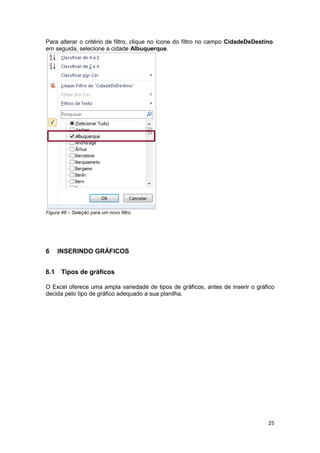 25 
Para alterar o critério de filtro, clique no ícone do filtro no campo CidadeDeDestino. em seguida, selecione a cidade Albuquerque. 
Figura 48 – Seleção para um novo filtro. 
6 INSERINDO GRÁFICOS 
6.1 Tipos de gráficos 
O Excel oferece uma ampla variedade de tipos de gráficos, antes de inserir o gráfico decida pelo tipo de gráfico adequado a sua planilha.  
