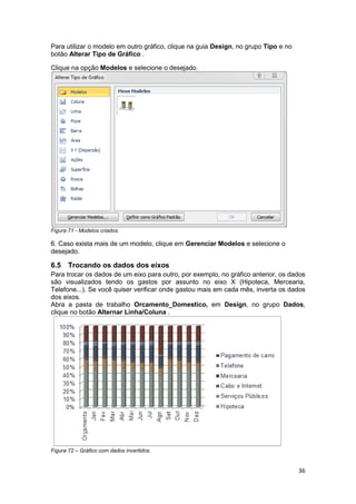 36 
Para utilizar o modelo em outro gráfico, clique na guia Design, no grupo Tipo e no 
botão Alterar Tipo de Gráfico . 
Clique na opção Modelos e selecione o desejado. 
Figura 71 - Modelos criados. 
6. Caso exista mais de um modelo, clique em Gerenciar Modelos e selecione o 
desejado. 
6.5 Trocando os dados dos eixos 
Para trocar os dados de um eixo para outro, por exemplo, no gráfico anterior, os dados 
são visualizados tendo os gastos por assunto no eixo X (Hipoteca, Mercearia, 
Telefone...). Se você quiser verificar onde gastou mais em cada mês, inverta os dados 
dos eixos. 
Abra a pasta de trabalho Orcamento_Domestico, em Design, no grupo Dados, 
clique no botão Alternar Linha/Coluna . 
Figura 72 – Gráfico com dados invertidos. 
 