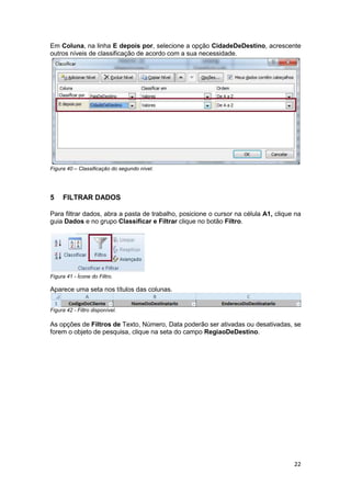 22
Em Coluna, na linha E depois por, selecione a opção CidadeDeDestino, acrescente
outros níveis de classificação de acordo com a sua necessidade.
Figura 40 – Classificação do segundo nível.
5 FILTRAR DADOS
Para filtrar dados, abra a pasta de trabalho, posicione o cursor na célula A1, clique na
guia Dados e no grupo Classificar e Filtrar clique no botão Filtro.
Figura 41 - Ícone do Filtro.
Aparece uma seta nos títulos das colunas.
Figura 42 - Filtro disponível.
As opções de Filtros de Texto, Número, Data poderão ser ativadas ou desativadas, se
forem o objeto de pesquisa, clique na seta do campo RegiaoDeDestino.
 