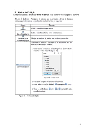 9
1.9 Modos de Exibição
Estão localizadas à direita da Barra de status para alterar a visualização da planilha.
Figura 19 – Modos de Exibição.
 