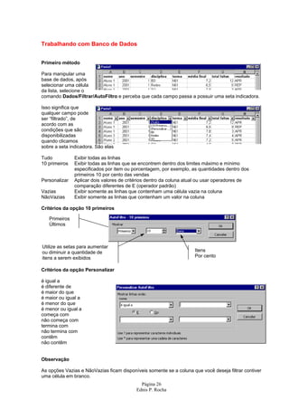 Página 26
Ednis P. Rocha
Trabalhando com Banco de Dados
Primeiro método
Para manipular uma
base de dados, após
selecionar uma célula
da lista, selecione o
comando Dados/Filtrar/AutoFiltro e perceba que cada campo passa a possuir uma seta indicadora.
Isso significa que
qualquer campo pode
ser “filtrado”, de
acordo com as
condições que são
disponibilizadas
quando clicamos
sobre a seta indicadora. São elas
Tudo Exibir todas as linhas
10 primeiros Exibir todas as linhas que se encontrem dentro dos limites máximo e mínimo
especificados por item ou porcentagem, por exemplo, as quantidades dentro dos
primeiros 10 por cento das vendas
Personalizar Aplicar dois valores de critérios dentro da coluna atual ou usar operadores de
comparação diferentes de E (operador padrão)
Vazias Exibir somente as linhas que contenham uma célula vazia na coluna
NãoVazias Exibir somente as linhas que contenham um valor na coluna
Critérios da opção 10 primeiros
Critérios da opção Personalizar
é igual a
é diferente de
é maior do que
é maior ou igual a
é menor do que
é menor ou igual a
começa com
não começa com
termina com
não termina com
contêm
não contêm
Observação
As opções Vazias e NãoVazias ficam disponíveis somente se a coluna que você deseja filtrar contiver
uma célula em branco.
Primeiros
Últimos
Utilize as setas para aumentar
ou diminuir a quantidade de
itens a serem exibidos
Itens
Por cento
 