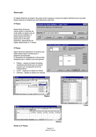 Página 32
Ednis P. Rocha
Observação
A Tabela dinâmica de origem não pode conter quaisquer campos de página definidos para consultar
dados externos à medida que você selecionar cada item.
2º Passo
Nesta etapa devemos
indicar qual é o intervalo de
onde estão os dados com os
quais iremos trabalhar. A
janela disponível nesta
etapa terá um formato
específico, dependendo da
opção selecionada no 1º passo.
3º Passo
Agora devemos selecionar os campos que
estão relacionados à direita para o
diagrama da esquerda.
É necessário ter estabelecido a forma final
desejada para o relatório que será gerado.
• Página – separa os dados da tabela
resultante permitindo que os mesmo
possam ser visualizados de forma
independente
• Linha – organiza os dados em linhas
• Colunas – dispõe os dados em colunas
Ainda no 3º Passo
Página
Linha
Coluna
 