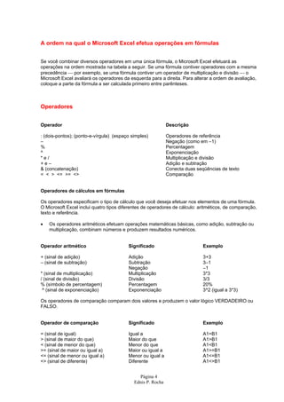 Página 4
Ednis P. Rocha
A ordem na qual o Microsoft Excel efetua operações em fórmulas
Se você combinar diversos operadores em uma única fórmula, o Microsoft Excel efetuará as
operações na ordem mostrada na tabela a seguir. Se uma fórmula contiver operadores com a mesma
precedência  por exemplo, se uma fórmula contiver um operador de multiplicação e divisão  o
Microsoft Excel avaliará os operadores da esquerda para a direita. Para alterar a ordem de avaliação,
coloque a parte da fórmula a ser calculada primeiro entre parênteses.
Operadores
Operador Descrição
: (dois-pontos); (ponto-e-vírgula) (espaço simples) Operadores de referência
– Negação (como em –1)
% Percentagem
^ Exponenciação
* e / Multiplicação e divisão
+ e – Adição e subtração
& (concatenação) Conecta duas seqüências de texto
= < > <= >= <> Comparação
Operadores de cálculos em fórmulas
Os operadores especificam o tipo de cálculo que você deseja efetuar nos elementos de uma fórmula.
O Microsoft Excel inclui quatro tipos diferentes de operadores de cálculo: aritméticos, de comparação,
texto e referência.
• Os operadores aritméticos efetuam operações matemáticas básicas, como adição, subtração ou
multiplicação, combinam números e produzem resultados numéricos.
Operador aritmético Significado Exemplo
+ (sinal de adição) Adição 3+3
– (sinal de subtração) Subtração 3–1
Negação –1
* (sinal de multiplicação) Multiplicação 3*3
/ (sinal de divisão) Divisão 3/3
% (símbolo de percentagem) Percentagem 20%
^ (sinal de exponenciação) Exponenciação 3^2 (igual a 3*3)
Os operadores de comparação comparam dois valores e produzem o valor lógico VERDADEIRO ou
FALSO.
Operador de comparação Significado Exemplo
= (sinal de igual) Igual a A1=B1
> (sinal de maior do que) Maior do que A1>B1
< (sinal de menor do que) Menor do que A1<B1
>= (sinal de maior ou igual a) Maior ou igual a A1>=B1
<= (sinal de menor ou igual a) Menor ou igual a A1<=B1
<> (sinal de diferente) Diferente A1<>B1
 