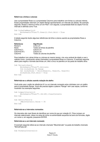 Página 61
Ednis P. Rocha
Referir-se a linhas e colunas
Use a propriedade Rows ou a propriedade Columns para trabalhar com linhas ou colunas inteiras.
Essas propriedades retornam um objeto Range representando um intervalo de células. No exemplo
seguinte, Rows(1) retorna a linha um em Plan1. Em seguida, a propriedade Bold do objeto Font do
intervalo é definida como True.
Sub LinhaComNegrito()
Worksheets("Plan1").Rows(1).Font.Bold = True
End Sub
A tabela seguinte ilustra algumas referências de linha e coluna usando as propriedades Rows e
Columns.
Referência Significado
Rows(1) Linha um
Rows Todas as linhas da planilha
Columns(1) Coluna um
Columns("A") Coluna um
Columns Todas as colunas da planilha
Para trabalhar com várias linhas ou colunas ao mesmo tempo, crie uma variável de objeto e use o
método Union, combinando várias chamadas à propriedade Rows ou Columns. O exemplo seguinte
altera para negrito o formato das linhas um, três e cinco na planilha um da pasta de trabalho ativa.
Sub VáriasLinhas()
Worksheets("Plan1").Activate
Dim minhaUnião As Range
Set minhaUnião = Union(Rows(1), Rows(3), Rows(5))
minhaUnião.Font.Bold = True
End Sub
Referindo-se a células usando notação de atalho
Você pode usar o estilo de referência A1 ou um intervalo nomeado entre colchetes com um atalho
para a propriedade Range. Você não precisa digitar a palavra "Range" nem usar aspas, conforme
mostrado nos exemplos seguintes.
Sub LimparIntervalo()
Worksheets("Plan1").[A1:B5].ClearContents
End Sub
Sub DefinirValor()
[MeuIntervalo].Value = 30
End Sub
Referindo-se a intervalos nomeados
Os intervalos são mais fáceis de identificar por nome do que por notação A1. Para nomear um
intervalo selecionado, clique na caixa de nome na extremidade esquerda da barra de fórmulas, digite
um nome e, em seguida, pressione ENTER.
Referindo-se a um intervalo nomeado
O exemplo seguinte refere-se ao intervalo chamado "MeuIntervalo" na pasta de trabalho chamada
"MinhaPasta.xls".
Sub FormatarIntervalo()
 