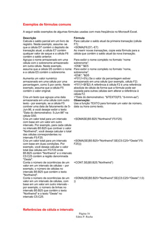 Página 16
Ednis P. Rocha
Exemplos de fórmulas comuns
A seguir estão exemplos de algumas fórmulas usadas com mais freqüência no Microsoft Excel.
Descrição Fórmula
Calcula o saldo parcial em um livro de
registro. Neste exemplo, assume- se
que a célula D7 contém o depósito de
transação atual, a célula E7 contém
qualquer valor de saque e a célula F6
contém o saldo anterior.
Para calcular o saldo atual da primeira transação (célula
F7):
=SOMA(F6;D7;–E7)
Ao inserir novas transações, copie esta fórmula para a
célula que contém o saldo atual da nova transação.
Agrupa o nome armazenado em uma
célula com o sobrenome armazenado
em outra célula. Neste exemplo,
assuma que a célula D5 contém o nome
e a célula E5 contém o sobrenome.
Para exibir o nome completo no formato “nome
sobrenome”:
=D5&" "&E5
Para exibir o nome completo no formato “nome,
sobrenome”:
=E5&"; "&D5
Aumenta um valor numérico
armazenado em uma célula por uma
percentagem, como 5 por cento. Neste
exemplo, assuma que a célula F5
contém o valor original.
=F5*(1+5%) Se o valor da percentagem estiver
armazenado em uma célula (por exemplo, célula F2)
=F5*(1+$F$2) A referência à célula F2 é uma referência
absoluta de célula de forma que a fórmula pode ser
copiada para outras células sem alterar a referência à
célula F2.
Cria um texto que agrupa uma data
armazenada em uma célula com outro
texto - por exemplo, se a célula F5
contiver uma data de faturamento de 5-
Jun-96, e você desejar exibir o texto
"Data do demonstrativo: 5-Jun-96" na
célula G50.
="Data do demonstrativo: "&TEXTO(F5; "d-mmm-aa")
Observação:
Use a função TEXTO para formatar um valor de número,
data ou hora como texto.
Cria um valor total para um intervalo
com base em um valor em outro
intervalo. Por exemplo, para cada célula
no intervalo B5:B25 que contiver o valor
"Northwind", você deseja calcular o total
das células correspondentes no
intervalo F5:F25.
=SOMASE(B5:B25;"Northwind";F5:F25)
Cria um valor total para um intervalo
com base em duas condições. Por
exemplo, você deseja calcular o valor
total das células em F5:F25 onde
B5:B25 contém "Northwind” e o intervalo
C5:C25 contém a região denominada
"Oeste".
=SOMA(SE(B5:B25="Northwind";SE(C5:C25="Oeste";F5:
F25)))
Conta o número de ocorrências de um
valor em um intervalo de células – por
exemplo, o número de células no
intervalo B5:B25 que contém o texto
"Northwind".
=CONT.SE(B5:B25;"Northwind")
Conta o número de ocorrências de um
valor em um intervalo de células, com
base em um valor em outro intervalo -
por exemplo, o número de linhas no
intervalo B5:B25 que contém o texto
"Northwind" e o texto "Oeste" no
intervalo C5:C25.
=SOMA(SE(B5:B25="Northwind";SE(C5:C25="Oeste";1;0)
))
Referências de célula e intervalo
 