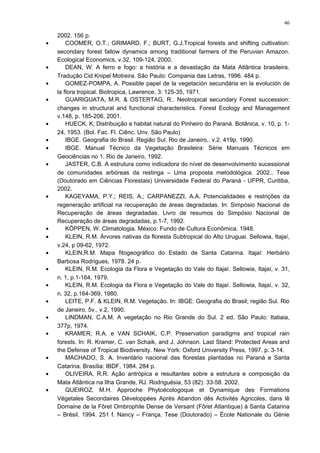 2002. 156 p.
• COOMER, O.T.; GRIMARD, F.; BURT, G.J.Tropical forests and shifting cultivation:
secondary forest fallow dynamics among traditional farmers of the Peruvian Amazon.
Ecological Economics, v.32, 109-124, 2000.
• DEAN, W. A ferro e fogo: a história e a devastação da Mata Atlântica brasileira.
Tradução Cid Knipel Motreira. São Paulo: Compania das Letras, 1996. 484 p.
• GOMEZ-POMPA, A. Possible papel de la vegetación secundária en la evolución de
la flora tropical. Biotropica, Lawrence, 3: 125-35, 1971.
• GUARIGUATA, M.R. & OSTERTAG, R.. Neotropical secundary Forest succession:
changes in structural and functional characteristics. Forest Ecology and Management
v.148, p. 185-206, 2001.
• HUECK, K; Distribuição e habitat natural do Pinheiro do Paraná. Botânica, v. 10, p. 1-
24, 1953. (Bol. Fac. Fl. Ciênc. Unv. São Paulo)
• IBGE. Geografia do Brasil. Região Sul. Rio de Janeiro,. v.2. 419p. 1990.
• IBGE. Manual Técnico da Vegetação Brasileira: Série Manuais Técnicos em
Geociências no 1. Rio de Janeiro, 1992.
• JASTER, C.B. A estrutura como indicadora do nível de desenvolvimento sucessional
de comunidades arbóreas da restinga – Uma proposta metodológica. 2002.. Tese
(Doutorado em Ciências Florestais) Universidade Federal do Paraná - UFPR, Curitiba,
2002.
• KAGEYAMA, P.Y.; REIS, A.; CARPANEZZI, A.A. Potencialidades e restrições da
regeneração artificial na recuperação de áreas degradadas. In: Simpósio Nacional de
Recuperação de áreas degradadas. Livro de resumos do Simpósio Nacional de
Recuperação de áreas degradadas, p.1-7, 1992.
• KÖPPEN, W. Climatologia. México: Fundo de Cultura Econômica. 1948.
• KLEIN, R.M. Árvores nativas da floresta Subtropical do Alto Uruguai. Sellowia, Itajaí,
v.24, p 09-62, 1972.
• KLEIN,R.M. Mapa fitogeográfico do Estado de Santa Catarina. Itajaí: Herbário
Barbosa Rodrigues, 1978. 24 p.
• KLEIN, R.M. Ecologia da Flora e Vegetação do Vale do Itajaí. Sellowia, Itajaí, v. 31,
n. 1, p.1-164, 1979.
• KLEIN, R.M. Ecologia da Flora e Vegetação do Vale do Itajaí. Sellowia, Itajaí, v. 32,
n. 32, p.164-369, 1980.
• LEITE, P.F. & KLEIN, R.M. Vegetação. In: IBGE: Geografia do Brasil; região Sul. Rio
de Janeiro, 5v., v.2, 1990.
• LINDMAN, C.A.M. A vegetação no Rio Grande do Sul. 2 ed. São Paulo: Itatiaia,
377p, 1974.
• KRAMER, R.A. e VAN SCHAIK, C.P. Preservation paradigms and tropical rain
forests. In: R. Kramer, C. van Schaik, and J. Johnson. Last Stand: Protected Areas and
the Defense of Tropical Biodiversity. New York: Oxford University Press, 1997. p. 3-14.
• MACHADO, S. A. Inventário nacional das florestas plantadas no Paraná e Santa
Catarina. Brasília: IBDF, 1984. 284 p.
• OLIVEIRA, R.R. Ação antrópica e resultantes sobre a estrutura e composição da
Mata Atlântica na Ilha Grande, RJ. Rodriguésia, 53 (82): 33-58. 2002.
• QUEIROZ, M.H. Approche Phytoécologoque et Dynamique des Formations
Végetales Secondaires Développées Après Abandon dês Activités Agricoles, dans lê
Domaine de la Fôret Ombrophile Dense de Versant (Fôret Atlantique) à Santa Catarina
– Brésil. 1994. 251 f. Nancy – França. Tese (Doutorado) – École Nationale du Génie
46
 