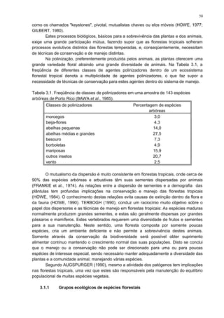 como os chamados "keystones", pivotal, mutualistas chaves ou elos móveis (HOWE, 1977;
GILBERT, 1980).
Estes processos biológicos, básicos para a sobrevivência das plantas e dos animais,
exige uma grande participação mútua, fazendo supor que as florestas tropicais sofreram
processos evolutivos distintos das florestas temperadas, e, conseqüentemente, necessitam
de técnicas de conservação e de manejo distintas.
Na polinização, preferentemente produzida pelos animais, as plantas oferecem uma
grande variedade floral atraindo uma grande diversidade de animais. Na Tabela 3.1, a
freqüência de diferentes classes de agentes polinizadores dentro de um ecossistema
florestal tropical denota a multiplicidade de agentes polinizadores, o que faz supor a
necessidade de técnicas de conservação para estes agentes dentro do sistema de manejo.
Tabela 3.1. Freqüência de classes de polinizadores em uma amostra de 143 espécies
arbóreas de Porto Rico (BAWA et al., 1985).
Classes de polinizadores Percentagem de espécies
arbóreas
morcegos 3,0
beija-flores 4,3
abelhas pequenas 14,0
abelhas médias e grandes 27,5
besouro 7,3
borboletas 4,9
mariposas 15,9
outros insetos 20,7
vento 2,5
O mutualismo da dispersão é muito consistente em florestas tropicais, onde cerca de
90% das espécies arbóreas e arbustivas têm suas sementes dispersadas por animais
(FRANKIE et al., 1974). As relações entre a dispersão de sementes e a demografia das
plântulas tem profundas implicações na conservação e manejo das florestas tropicais
(HOWE, 1984). O conhecimento destas relações evita causas de extinção dentro da flora e
da fauna (HOWE, 1990). TERBOGH (1990), conduz um raciocínio muito objetivo sobre o
papel dos dispersores e as técnicas de manejo em florestas tropicais: As espécies maduras
normalmente produzem grandes sementes, e estas são geralmente dispersas por grandes
pássaros e mamíferos. Estes vertebrados requerem uma diversidade de frutos e sementes
para a sua manutenção. Neste sentido, uma floresta composta por somente poucas
espécies, cria um ambiente deficiente e não permite a sobrevivência destes animais.
Somente através da conservação da biodiversidade será possível obter suprimento
alimentar contínuo mantendo o crescimento normal das suas populações. Disto se conclui
que o manejo ou a conservação não pode ser direcionado para uma ou para poucas
espécies de interesse especial, sendo necessário manter adequadamente a diversidade das
plantas e a comunidade animal, manejando várias espécies.
Segundo AUGSPURGER (1990), mesmo a atividade dos patógenos tem implicações
nas florestas tropicais, uma vez que estes são responsáveis pela manutenção do equilíbrio
populacional de muitas espécies vegetais.
3.1.1 Grupos ecológicos de espécies florestais
50
 