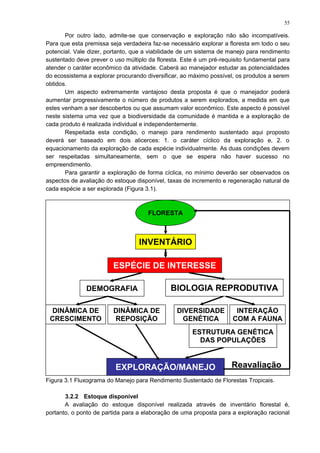 Por outro lado, admite-se que conservação e exploração não são incompatíveis.
Para que esta premissa seja verdadeira faz-se necessário explorar a floresta em todo o seu
potencial. Vale dizer, portanto, que a viabilidade de um sistema de manejo para rendimento
sustentado deve prever o uso múltiplo da floresta. Este é um pré-requisito fundamental para
atender o caráter econômico da atividade. Caberá ao manejador estudar as potencialidades
do ecossistema a explorar procurando diversificar, ao máximo possível, os produtos a serem
obtidos.
Um aspecto extremamente vantajoso desta proposta é que o manejador poderá
aumentar progressivamente o número de produtos a serem explorados, a medida em que
estes venham a ser descobertos ou que assumam valor econômico. Este aspecto é possível
neste sistema uma vez que a biodiversidade da comunidade é mantida e a exploração de
cada produto é realizada individual e independentemente.
Respeitada esta condição, o manejo para rendimento sustentado aqui proposto
deverá ser baseado em dois alicerces: 1. o caráter cíclico da exploração e, 2. o
equacionamento da exploração de cada espécie individualmente. As duas condições devem
ser respeitadas simultaneamente, sem o que se espera não haver sucesso no
empreendimento.
Para garantir a exploração de forma cíclica, no mínimo deverão ser observados os
aspectos de avaliação do estoque disponível, taxas de incremento e regeneração natural de
cada espécie a ser explorada (Figura 3.1).
Figura 3.1 Fluxograma do Manejo para Rendimento Sustentado de Florestas Tropicais.
3.2.2 Estoque disponível
A avaliação do estoque disponível realizada através de inventário florestal é,
portanto, o ponto de partida para a elaboração de uma proposta para a exploração racional
FLORESTA
INVENTÁRIO
ESPÉCIE DE INTERESSE
BIOLOGIA REPRODUTIVADEMOGRAFIA
DINÂMICA DE
REPOSIÇÃO
DINÂMICA DE
CRESCIMENTO
INTERAÇÃO
COM A FAUNA
DIVERSIDADE
GENÉTICA
ESTRUTURA GENÉTICA
DAS POPULAÇÕES
EXPLORAÇÃO/MANEJO Reavaliação
55
 