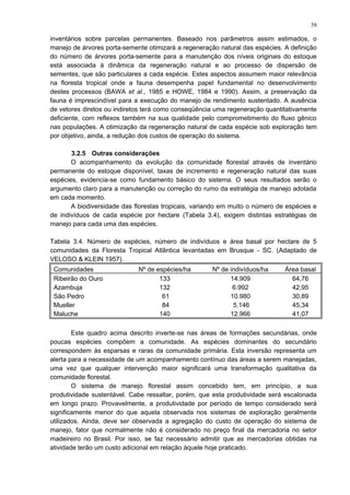 inventários sobre parcelas permanentes. Baseado nos parâmetros assim estimados, o
manejo de árvores porta-semente otimizará a regeneração natural das espécies. A definição
do número de árvores porta-semente para a manutenção dos níveis originais do estoque
está associada à dinâmica da regeneração natural e ao processo de dispersão de
sementes, que são particulares a cada espécie. Estes aspectos assumem maior relevância
na floresta tropical onde a fauna desempenha papel fundamental no desenvolvimento
destes processos (BAWA et al., 1985 e HOWE, 1984 e 1990). Assim, a preservação da
fauna é imprescindível para a execução do manejo de rendimento sustentado. A ausência
de vetores diretos ou indiretos terá como conseqüência uma regeneração quantitativamente
deficiente, com reflexos também na sua qualidade pelo comprometimento do fluxo gênico
nas populações. A otimização da regeneração natural de cada espécie sob exploração tem
por objetivo, ainda, a redução dos custos de operação do sistema.
3.2.5 Outras considerações
O acompanhamento da evolução da comunidade florestal através de inventário
permanente do estoque disponível, taxas de incremento e regeneração natural das suas
espécies, evidencia-se como fundamento básico do sistema. O seus resultados serão o
argumento claro para a manutenção ou correção do rumo da estratégia de manejo adotada
em cada momento.
A biodiversidade das florestas tropicais, variando em muito o número de espécies e
de indivíduos de cada espécie por hectare (Tabela 3.4), exigem distintas estratégias de
manejo para cada uma das espécies.
Tabela 3.4. Número de espécies, número de indivíduos e área basal por hectare de 5
comunidades da Floresta Tropical Atlântica levantadas em Brusque - SC. (Adaptado de
VELOSO & KLEIN 1957).
Comunidades Nº de espécies/ha Nº de indivíduos/ha Área basal
Ribeirão do Ouro 133 14.909 64,76
Azambuja 132 6.992 42,95
São Pedro 61 10.980 30,89
Mueller 84 5.146 45,34
Maluche 140 12.966 41,07
Este quadro acima descrito inverte-se nas áreas de formações secundárias, onde
poucas espécies compõem a comunidade. As espécies dominantes do secundário
correspondem às esparsas e raras da comunidade primária. Esta inversão representa um
alerta para a necessidade de um acompanhamento contínuo das áreas a serem manejadas,
uma vez que qualquer intervenção maior significará uma transformação qualitativa da
comunidade florestal.
O sistema de manejo florestal assim concebido tem, em princípio, a sua
produtividade sustentável. Cabe ressaltar, porém, que esta produtividade será escalonada
em longo prazo. Provavelmente, a produtividade por período de tempo considerado será
significamente menor do que aquela observada nos sistemas de exploração geralmente
utilizados. Ainda, deve ser observada a agregação do custo de operação do sistema de
manejo, fator que normalmente não é considerado no preço final da mercadoria no setor
madeireiro no Brasil. Por isso, se faz necessário admitir que as mercadorias obtidas na
atividade terão um custo adicional em relação àquele hoje praticado.
58
 