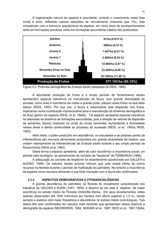 A regeneração natural da espécie é abundante, contudo o crescimento nesta fase
inicial é lento, refletindo valores reduzidos de recrutamento (menores que 1%), mas
compatíveis com a estrutura populacional da espécie, em cinco anos de acompanhamento
tanto em formações primárias como em formações secundárias (dados não publicados).
Figura 3.3. Pirâmide demográfica de Euterpe edulis (adaptada de REIS, 1995)
A abundante produção de frutos e o amplo período de fornecimento destes
apresentam especial relevância na manutenção da fauna, pois grande diversidade de
animais, como aves e mamíferos de médio e grande porte, utilizam estes frutos na sua dieta
básica (REIS, 1995). Por sua vez, a fauna é responsável pela dispersão dos frutos,
implicando numa contribuição imprescindível para a manutenção da dinâmica demográfica e
do fluxo gênico da espécie (REIS, et al. 1994b). Tal aspecto apresenta especial relevância
na retomada da dinâmica de formações secundárias, pois a atração de vetores de dispersão
de sementes (fauna) implicará na vinda de novas sementes, aumentando a diversidade
nestas áreas e dando continuidade ao processo de sucessão (REIS, et al., 1992a; REIS,
1993).
Além disso, o pólen produzido em abundância, os exsudados e as próprias partes da
inflorescência são recursos alimentares procurados por grande diversidade de insetos, que
visitam intensamente as inflorescências de Euterpe edulis durante o seu amplo período de
florescimento (REIS et al.,1993).
Desta forma a espécie apresenta, além de valor econômico e importância social, um
grande valor ecológico, se aproximando do conceito de "keystone" de TERBORGH (1986).
A adequação ao conceito de 'keystone' foi recentemente questionada por GALLETI e
ALEIXO, 1998). Os estudos destes autores indicam que uma ampla oferta de outros
recursos na floresta durante o período de frutificação do palmiteiro. No entanto a importância
da espécie como recursos alimentar e sua forte interação com a fauna são confirmados.
3.3.2 ASPECTOS DEMOGRÁFICOS E FITOSSOCIOLÓGICOS
A grande abundância do palmiteiro na floresta foi inicialmente caracterizada nos
trabalhos de VELOSO e KLEIN (1957, 1959), e decorre de ser esta a espécie de maior
ocorrência no extrato médio da Floresta Ombrófila Densa. Em seus levantamentos, estes
autores observaram até 1000 indivíduos por hectare com altura superior a 1,5 m., sendo
sempre a espécie com maior freqüência e abundância no estrato médio (sub-bosque). Tais
dados têm sido confirmados em estudos mais recentes que apresentam dados relativos a
demografia da espécie (NEGREIROS, 1982; NODARI et al., 1987; REIS et al., 1991,1994a;
Produção de Frutos 377.101/ha (80,10%)
Adultos
Imaturos
Jovens 2
Jovens 1
Plântulas
Sementes Vivas no Solo
Sementes no Solo
61/ha (0,013 %)
560/ha (0,12 %)
1.447/ha (0,31 %)
2.565/ha (0,54 %)
12.565/ha (2,67 %)
23.364/ha (4,96 %)
53.100/ha (11,28 %)
61
 