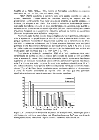 FANTINI et al., 1993; REIS,A., 1995), mesmo em formações secundárias ou pequenos
relictos (SILVA, 1991; ALVES, 1994; REIS et al., 1996).
KLEIN (1974) caracteriza o palmiteiro como uma espécie esciófila, ou seja, de
sombra, ocorrendo, contudo dentro de diferentes associações vegetais que lhe
proporcionam sombreamento. Sua maior abundância encontra-se quando associado a
florestas que atingiram o seu clímax. Sua ocorrência natural em áreas onde já houve a
exploração da madeira ou mesmo em áreas abandonadas pela agricultura, inicia quando se
estabelecem as primeiras árvores como o jacatirão (Miconia cinnamomifolia) ou a caxeta
(Psychotria longipes) ou a quaresmeira (Tibouchina pulchra) ou mesmo as capororocas
(Rapanea ferruginea) e o araçá (Psidium cattleyanum).
Atualmente, após drástica redução das populações naturais de palmiteiro, esta espécie
volta a representar um papel de grande importância para a preservação da floresta. Isto
porque o palmiteiro representa um dos principais suportes para a transformação de áreas
até então consideradas improdutivas, em florestas altamente produtivas, uma vez que o
palmiteiro é uma das essências florestais de ciclo relativamente curto (8-10 anos) e capaz
de produzir após um manejo adequado, uma produção de cunho anual sem implicar em
muitos gastos com insumos (REIS et al., 1987; BOVI et al., 1987).
Com relação à distribuição demográfica, REIS et al. (sub.) verificaram uma maior
concentração de plantas nas classes iniciais, com exceção da classe 2-3 cm que reflete
mais a regeneração natural, diminuindo gradativamente quando se aproxima das classes
superiores. Os indivíduos reprodutivos são encontrados com baixa freqüência nas classes
entre 6 a 10 cm e sua maior concentração se dá entre as classes diamétricas de 11 a 13
cm, participando com a maior parcela da freqüência geral de indivíduos encontrados nestas
classes (Figura 3.4). Desta forma, percebe-se que as plantas reprodutivas já ultrapassaram
o ponto de máximo crescimento da espécie, tendo em vista que elas participam
significativamente com as taxas de incremento das classes superiores.
0
10
20
30
40
50
60
70
80
90
100
2 3 4 5 6 7 8 9 10 11 12 13 14 15
Plantas/ha
Reprod/ha
Classes diamétricas (cm)
Figura 3.4 - Distribuição de freqüência de plantas de Euterpe edulis, distribuição geral e
distribuição dos indivíduos reprodutivos, nas diferentes classes de DAP para uma área de
formação secundária na Floresta Tropical Atlântica, São Pedro de Alcântara, SC.
62
 