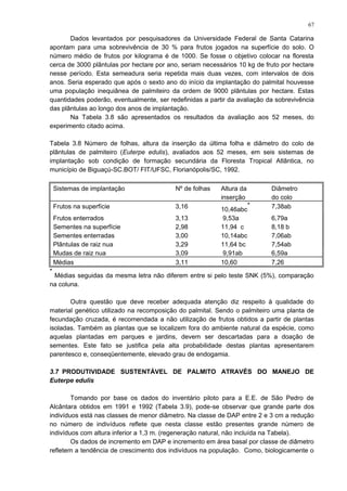 Dados levantados por pesquisadores da Universidade Federal de Santa Catarina
apontam para uma sobrevivência de 30 % para frutos jogados na superfície do solo. O
número médio de frutos por kilograma é de 1000. Se fosse o objetivo colocar na floresta
cerca de 3000 plântulas por hectare por ano, seriam necessários 10 kg de fruto por hectare
nesse período. Esta semeadura seria repetida mais duas vezes, com intervalos de dois
anos. Seria esperado que após o sexto ano do início da implantação do palmital houvesse
uma população inequiânea de palmiteiro da ordem de 9000 plântulas por hectare. Estas
quantidades poderão, eventualmente, ser redefinidas a partir da avaliação da sobrevivência
das plântulas ao longo dos anos de implantação.
Na Tabela 3.8 são apresentados os resultados da avaliação aos 52 meses, do
experimento citado acima.
Tabela 3.8 Número de folhas, altura da inserção da última folha e diâmetro do colo de
plântulas de palmiteiro (Euterpe edulis), avaliados aos 52 meses, em seis sistemas de
implantação sob condição de formação secundária da Floresta Tropical Atlântica, no
município de Biguaçú-SC.BOT/ FIT/UFSC, Florianópolis/SC, 1992.
Sistemas de implantação Nº de folhas Altura da
inserção
Diâmetro
do colo
Frutos na superfície 3,16 10,46abc
* 7,38ab
Frutos enterrados 3,13 9,53a 6,79a
Sementes na superfície 2,98 11,94 c 8,18 b
Sementes enterradas 3,00 10,14abc 7,06ab
Plântulas de raiz nua 3,29 11,64 bc 7,54ab
Mudas de raiz nua 3,09 9,91ab 6,59a
Médias 3,11 10,60 7,26
*
Médias seguidas da mesma letra não diferem entre si pelo teste SNK (5%), comparação
na coluna.
Outra questão que deve receber adequada atenção diz respeito à qualidade do
material genético utilizado na recomposição do palmital. Sendo o palmiteiro uma planta de
fecundação cruzada, é recomendada a não utilização de frutos obtidos a partir de plantas
isoladas. Também as plantas que se localizem fora do ambiente natural da espécie, como
aquelas plantadas em parques e jardins, devem ser descartadas para a doação de
sementes. Este fato se justifica pela alta probabilidade destas plantas apresentarem
parentesco e, conseqüentemente, elevado grau de endogamia.
3.7 PRODUTIVIDADE SUSTENTÁVEL DE PALMITO ATRAVÉS DO MANEJO DE
Euterpe edulis
Tomando por base os dados do inventário piloto para a E.E. de São Pedro de
Alcântara obtidos em 1991 e 1992 (Tabela 3.9), pode-se observar que grande parte dos
indivíduos está nas classes de menor diâmetro. Na classe de DAP entre 2 e 3 cm a redução
no número de indivíduos reflete que nesta classe estão presentes grande número de
indivíduos com altura inferior a 1,3 m. (regeneração natural, não incluída na Tabela).
Os dados de incremento em DAP e incremento em área basal por classe de diâmetro
refletem a tendência de crescimento dos indivíduos na população. Como, biologicamente o
67
 