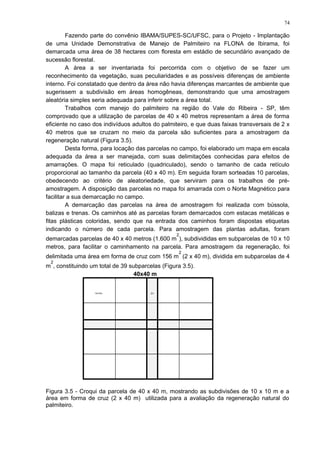 Fazendo parte do convênio IBAMA/SUPES-SC/UFSC, para o Projeto - Implantação
de uma Unidade Demonstrativa de Manejo de Palmiteiro na FLONA de Ibirama, foi
demarcada uma área de 38 hectares com floresta em estádio de secundário avançado de
sucessão florestal.
A área a ser inventariada foi percorrida com o objetivo de se fazer um
reconhecimento da vegetação, suas peculiaridades e as possíveis diferenças de ambiente
interno. Foi constatado que dentro da área não havia diferenças marcantes de ambiente que
sugerissem a subdivisão em áreas homogêneas, demonstrando que uma amostragem
aleatória simples seria adequada para inferir sobre a área total.
Trabalhos com manejo do palmiteiro na região do Vale do Ribeira - SP, têm
comprovado que a utilização de parcelas de 40 x 40 metros representam a área de forma
eficiente no caso dos indivíduos adultos do palmiteiro, e que duas faixas transversais de 2 x
40 metros que se cruzam no meio da parcela são suficientes para a amostragem da
regeneração natural (Figura 3.5).
Desta forma, para locação das parcelas no campo, foi elaborado um mapa em escala
adequada da área a ser manejada, com suas delimitações conhecidas para efeitos de
amarrações. O mapa foi reticulado (quadriculado), sendo o tamanho de cada retículo
proporcional ao tamanho da parcela (40 x 40 m). Em seguida foram sorteadas 10 parcelas,
obedecendo ao critério de aleatoriedade, que serviram para os trabalhos de pré-
amostragem. A disposição das parcelas no mapa foi amarrada com o Norte Magnético para
facilitar a sua demarcação no campo.
A demarcação das parcelas na área de amostragem foi realizada com bússola,
balizas e trenas. Os caminhos até as parcelas foram demarcados com estacas metálicas e
fitas plásticas coloridas, sendo que na entrada dos caminhos foram dispostas etiquetas
indicando o número de cada parcela. Para amostragem das plantas adultas, foram
demarcadas parcelas de 40 x 40 metros (1.600 m
2
), subdivididas em subparcelas de 10 x 10
metros, para facilitar o caminhamento na parcela. Para amostragem da regeneração, foi
delimitada uma área em forma de cruz com 156 m
2
(2 x 40 m), dividida em subparcelas de 4
m
2
, constituindo um total de 39 subparcelas (Figura 3.5).
40x40 m
10x10m 2m
Figura 3.5 - Croqui da parcela de 40 x 40 m, mostrando as subdivisões de 10 x 10 m e a
área em forma de cruz (2 x 40 m) utilizada para a avaliação da regeneração natural do
palmiteiro.
74
 