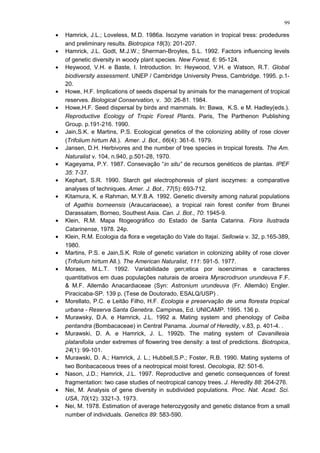 • Hamrick, J.L.; Loveless, M.D. 1986a. Isozyme variation in tropical tress: prodedures
and preliminary results. Biotropica 18(3): 201-207.
• Hamrick, J.L. Godt, M.J.W.; Sherman-Broyles, S.L. 1992. Factors influencing levels
of genetic diversity in woody plant species. New Forest, 6: 95-124.
• Heywood, V.H. e Baste, I. Introduction. In: Heywood, V.H. e Watson, R.T. Global
biodiversity assessment. UNEP / Cambridge University Press, Cambridge. 1995. p.1-
20.
• Howe, H.F. Implications of seeds dispersal by animals for the management of tropical
reserves. Biological Conservation, v. 30: 26-81. 1984.
• Howe,H.F. Seed dispersal by birds and mammals. In: Bawa, K.S. e M. Hadley(eds.).
Reproductive Ecology of Tropic Forest Plants. Paris, The Parthenon Publishing
Group. p.191-216. 1990.
• Jain,S.K. e Martins, P.S. Ecological genetics of the colonizing ability of rose clover
(Trifolium hirtum All.). Amer. J. Bot., 66(4): 361-6. 1979.
• Jansen, D.H. Herbivores and the number of tree species in tropical forests. The Am.
Naturalist v. 104, n.940, p.501-28, 1970.
• Kageyama, P.Y. 1987. Consevação “in situ” de recursos genéticos de plantas. IPEF
35: 7-37.
• Kephart, S.R. 1990. Starch gel electrophoresis of plant isozymes: a comparative
analyses of techniques. Amer. J. Bot., 77(5): 693-712.
• Kitamura, K. e Rahman, M.Y.B.A. 1992. Genetic diversity among natural populations
of Agathis borneensis (Araucariaceae), a tropical rain forest conifer from Brunei
Darassalam, Borneo, Southest Asia. Can. J. Bot., 70: 1945-9.
• Klein, R.M. Mapa fitogeográfico do Estado de Santa Catarina. Flora Ilustrada
Catarinense, 1978. 24p.
• Klein, R.M. Ecologia da flora e vegetação do Vale do Itajaí. Sellowia v. 32, p.165-389,
1980.
• Martins, P.S. e Jain,S.K. Role of genetic variation in colonizing ability of rose clover
(Trifolium hirtum All.). The American Naturalist, 111: 591-5. 1977.
• Moraes, M.L.T. 1992. Variabilidade gen;etica por isoenzimas e caracteres
quantitativos em duas populações naturais de aroeira Myracrodruon urundeuva F.F.
& M.F. Allemão Anacardiaceae (Syn: Astronium urundeuva (Fr. Allemão) Engler.
Piracicaba-SP. 139 p. (Tese de Doutorado, ESALQ/USP) .
• Morellato, P.C. e Leitão Filho, H.F. Ecologia e preservação de uma floresta tropical
urbana - Reserva Santa Genebra. Campinas, Ed. UNICAMP. 1995. 136 p.
• Murawsky, D.A. e Hamrick, J.L. 1992 a. Mating system and phenology of Ceiba
pentandra (Bombacaceae) in Central Panama. Journal of Heredity, v.83, p. 401-4. .
• Murawski, D. A. e Hamrick, J. L. 1992b. The mating system of Cavanillesia
platanifolia under extremes of flowering tree density: a test of predictions. Biotropica,
24(1): 99-101.
• Murawski, D. A.; Hamrick, J. L.; Hubbell,S.P.; Foster, R.B. 1990. Mating systems of
two Bonbacaceous trees of a neotropical moist forest. Oecologia, 82: 501-6.
• Nason, J.D.; Hamrick, J.L. 1997. Reproductive and genetic consequences of forest
fragmentation: two case studies of neotropical canopy trees. J. Heredity 88: 264-276.
• Nei, M. Analysis of gene diversity in subdivided populations. Proc. Nat. Acad. Sci.
USA, 70(12): 3321-3. 1973.
• Nei, M. 1978. Estimation of average heterozygosity and genetic distance from a small
number of individuals. Genetics 89: 583-590.
99
 