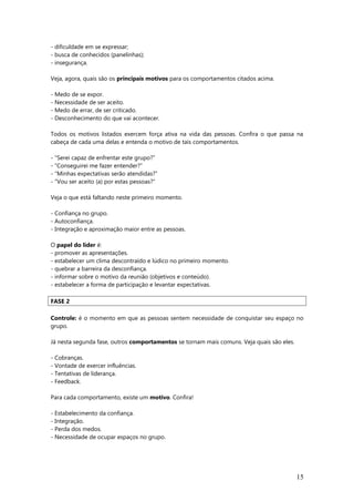 - dificuldade em se expressar;
- busca de conhecidos (panelinhas);
- insegurança.
Veja, agora, quais são os principais motivos para os comportamentos citados acima.
- Medo de se expor.
- Necessidade de ser aceito.
- Medo de errar, de ser criticado.
- Desconhecimento do que vai acontecer.
Todos os motivos listados exercem força ativa na vida das pessoas. Confira o que passa na
cabeça de cada uma delas e entenda o motivo de tais comportamentos.
- “Serei capaz de enfrentar este grupo?”
- “Conseguirei me fazer entender?”
- “Minhas expectativas serão atendidas?”
- “Vou ser aceito (a) por estas pessoas?”
Veja o que está faltando neste primeiro momento.
- Confiança no grupo.
- Autoconfiança.
- Integração e aproximação maior entre as pessoas.
O papel do líder é:
- promover as apresentações.
- estabelecer um clima descontraído e lúdico no primeiro momento.
- quebrar a barreira da desconfiança.
- informar sobre o motivo da reunião (objetivos e conteúdo).
- estabelecer a forma de participação e levantar expectativas.
FASE 2
Controle: é o momento em que as pessoas sentem necessidade de conquistar seu espaço no
grupo.
Já nesta segunda fase, outros comportamentos se tornam mais comuns. Veja quais são eles.
- Cobranças.
- Vontade de exercer influências.
- Tentativas de liderança.
- Feedback.
Para cada comportamento, existe um motivo. Confira!
- Estabelecimento da confiança.
- Integração.
- Perda dos medos.
- Necessidade de ocupar espaços no grupo.
15
 