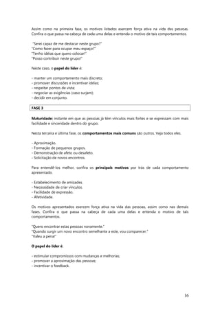 Assim como na primeira fase, os motivos listados exercem força ativa na vida das pessoas.
Confira o que passa na cabeça de cada uma delas e entenda o motivo de tais comportamentos.
“Serei capaz de me destacar neste grupo?”
“Como fazer para ocupar meu espaço?”
“Tenho idéias que quero colocar!”
“Posso contribuir neste grupo!”
Neste caso, o papel do líder é:
- manter um comportamento mais discreto;
- promover discussões e incentivar idéias;
- respeitar pontos de vista;
- negociar as exigências (caso surjam);
- decidir em conjunto.
FASE 3
Maturidade: instante em que as pessoas já têm vínculos mais fortes e se expressam com mais
facilidade e sinceridade dentro do grupo.
Nesta terceira e última fase, os comportamentos mais comuns são outros. Veja todos eles.
- Aproximação.
- Formação de pequenos grupos.
- Demonstração de afeto ou desafeto.
- Solicitação de novos encontros.
Para entendê-los melhor, confira os principais motivos por trás de cada comportamento
apresentado.
- Estabelecimento de amizades.
- Necessidade de criar vínculos.
- Facilidade de expressão.
- Afetividade.
Os motivos apresentados exercem força ativa na vida das pessoas, assim como nas demais
fases. Confira o que passa na cabeça de cada uma delas e entenda o motivo de tais
comportamentos.
“Quero encontrar estas pessoas novamente.”
“Quando surgir um novo encontro semelhante a este, vou comparecer.”
“Valeu a pena!”
O papel do líder é:
- estimular compromissos com mudanças e melhorias;
- promover a aproximação das pessoas;
- incentivar o feedback.
16
 