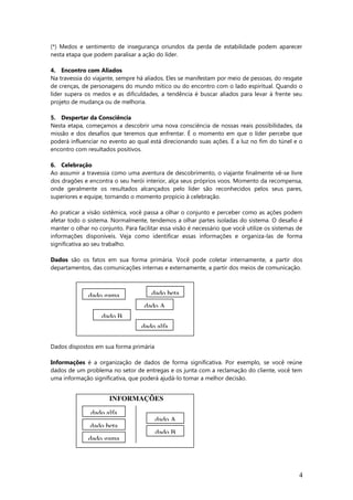 (*) Medos e sentimento de insegurança oriundos da perda de estabilidade podem aparecer
nesta etapa que podem paralisar a ação do líder.
4. Encontro com Aliados
Na travessia do viajante, sempre há aliados. Eles se manifestam por meio de pessoas, do resgate
de crenças, de personagens do mundo mítico ou do encontro com o lado espiritual. Quando o
líder supera os medos e as dificuldades, a tendência é buscar aliados para levar à frente seu
projeto de mudança ou de melhoria.
5. Despertar da Consciência
Nesta etapa, começamos a descobrir uma nova consciência de nossas reais possibilidades, da
missão e dos desafios que teremos que enfrentar. É o momento em que o líder percebe que
poderá influenciar no evento ao qual está direcionando suas ações. É a luz no fim do túnel e o
encontro com resultados positivos.
6. Celebração
Ao assumir a travessia como uma aventura de descobrimento, o viajante finalmente vê-se livre
dos dragões e encontra o seu herói interior, alça seus próprios voos. Momento da recompensa,
onde geralmente os resultados alcançados pelo líder são reconhecidos pelos seus pares,
superiores e equipe, tornando o momento propício à celebração.
Ao praticar a visão sistêmica, você passa a olhar o conjunto e perceber como as ações podem
afetar todo o sistema. Normalmente, tendemos a olhar partes isoladas do sistema. O desafio é
manter o olhar no conjunto. Para facilitar essa visão é necessário que você utilize os sistemas de
informações disponíveis. Veja como identificar essas informações e organiza-las de forma
significativa ao seu trabalho.
Dados são os fatos em sua forma primária. Você pode coletar internamente, a partir dos
departamentos, das comunicações internas e externamente, a partir dos meios de comunicação.
Dados dispostos em sua forma primária
Informações é a organização de dados de forma significativa. Por exemplo, se você reúne
dados de um problema no setor de entregas e os junta com a reclamação do cliente, você tem
uma informação significativa, que poderá ajudá-lo tomar a melhor decisão.
4
dado A
dado B
dado betadado gama
dado alfa
dado alfa
INFORMAÇÕES
dado beta
dado gama
dado A
dado B
 