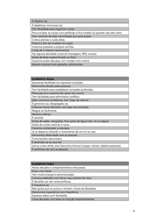 É objetivo (a).
É detalhista, minucioso (a).
Tem facilidade para organizar coisas.
Procura fazer as coisas com perfeição e fica irritado (a) quando não dão certo.
Tem costume de fazer caminhadas por puro prazer.
Cultiva plantas e cuida delas.
Pratica a arte de modelar em argila.
Costuma preparar a própria comida.
Cuida de si mesmo (autonomia).
Faz alguma atividade corporal (massagem, RPG, outras).
Gosta de fazer supermercado ou feira.
Costuma andar descalço, em contato com a terra.
Aprecia músicas mais agitadas, euforizantes.
ELEMENTO ÁGUA
Apresenta facilidade em expressar emoções.
Demonstra afeição pelas pessoas.
Tem facilidade para estabelecer amizades profundas.
Preocupa-se e costuma dar apoio aos outros.
Tem facilidade para administrar conflitos.
Sabe contornar problemas, tem “jogo de cintura”.
É generoso (a), desapegado (a).
Costuma tomar decisões com base nas emoções.
Magoa-se facilmente.
Aprecia a dança.
É sensível.
Gosta de nadar, mergulhar, ficar perto da água (mar, rio ou lagoa).
Gosta de contar estórias e casos.
Costuma contemplar a natureza.
Já se deparou olhando o movimento de um rio ou mar.
Demonstra afetividade com as pessoas.
Toma banhos demorados.
É dedicado (a) ao que faz.
Usa as cores verde, azul clara e/ou branca (roupas, móveis, objetos pessoais).
É carinhoso (a) com as pessoas.
ELEMENTO FOGO
Adota atitudes e comportamentos entusiastas.
Ousa, cria, inova.
Tem muita energia e automotivação.
Costuma defender com fervor seus pontos de vista.
É decidido (a), tem autoconfiança.
É impulsivo (a).
Não gosta que os outros o limitem. Gosta de liberdade.
Demonstra impaciência com freqüência.
Expressa idéias com facilidade.
Toma decisões com base na intuição freqüentemente.
6
 