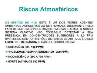 Riscos Atmosféricos
OS EFEITOS DO H2S: ESTE É UM DOS PIORES AGENTES
AMBIENTAIS AGRESSIVOS AO SER HUMANO, JUSTAMENTE PELO
FATO DE QUE EM CONCENTRAÇÕES MÉDIAS E ACIMA, O NOSSO
SISTEMA OLFATIVO NÃO CONSEGUE DETECTAR A SUA
PRESENÇA. EM CONCENTRAÇÕES SUPERIORES A 8,0 PPM
(PARTES DO GÁS POR MILHÕES DE PARTES DE AR) - QUE É O SEU
LIMITE DE TOLERÂNCIA, O GÁS SULFÍDRICO CAUSA:
IRRITAÇÕES (50 - 100 PPM);
PROBLEMAS RESPIRATÓRIOS (100 - 200 PPM);
INCONSCIÊNCIA (500 A 700 PPM);
MORTE (ACIMA DE 700 PPM).
 