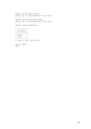 mysql> drop table Aluno;
Query OK, 0 rows affected (0.00 sec)
mysql> drop database Curso;
Query OK, 0 rows affected (0.00 sec)
mysql> show databases;
+----------+
| Database |
+----------+
| mysql
|
| test
|
+----------+
2 rows in set (0.00 sec)
mysql> quit
Bye

10

 